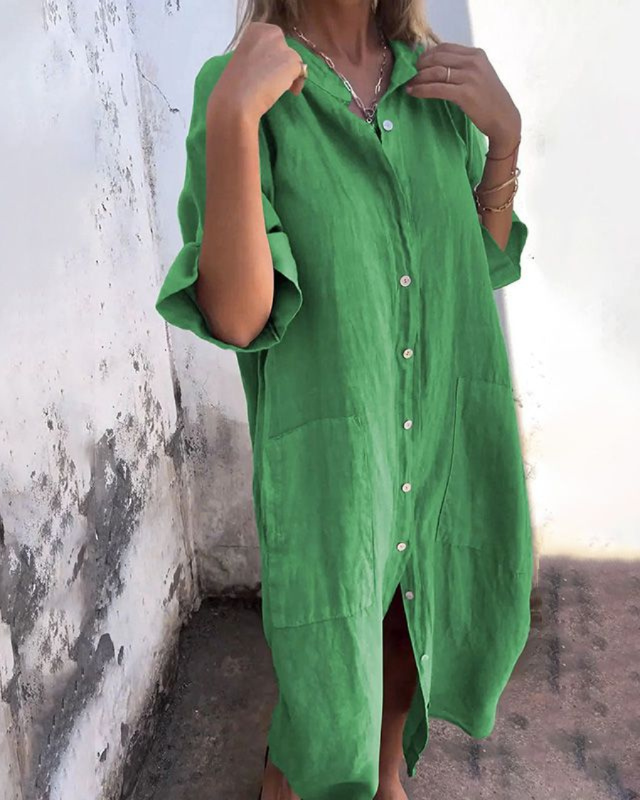 Women’s Loose Fit Midi Shirt Dress With Pocket Detail