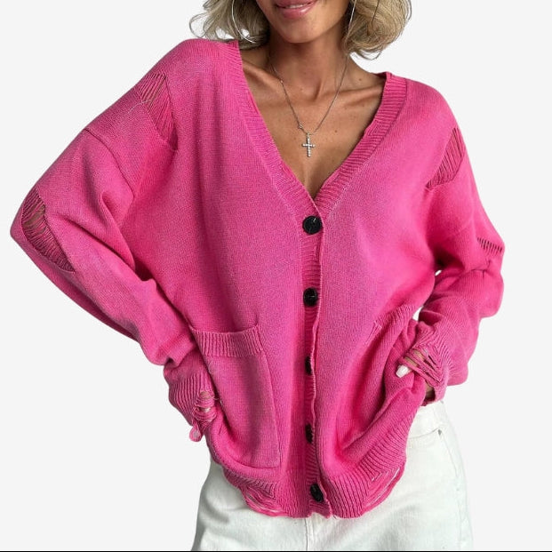 Damesvest van vintage gewassen, distressed breisel met zakken - losvallend vest met lange mouwen, V-hals en knoopsluiting voor casual laagjeslooks in de herfst en lente