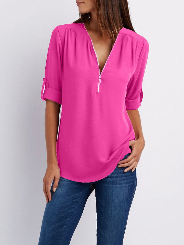 Women’s Zip-Neck Relaxed Blouse – Roll-Tab Sleeve Style for Everyday Wear