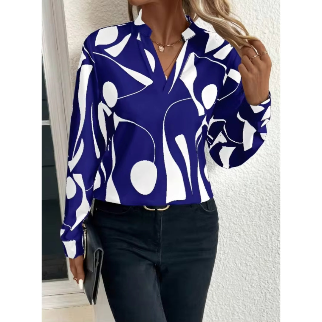 Women’s Abstract Print V-Neck Blouse – Relaxed Long-Sleeve Style for Smart Casual Wear