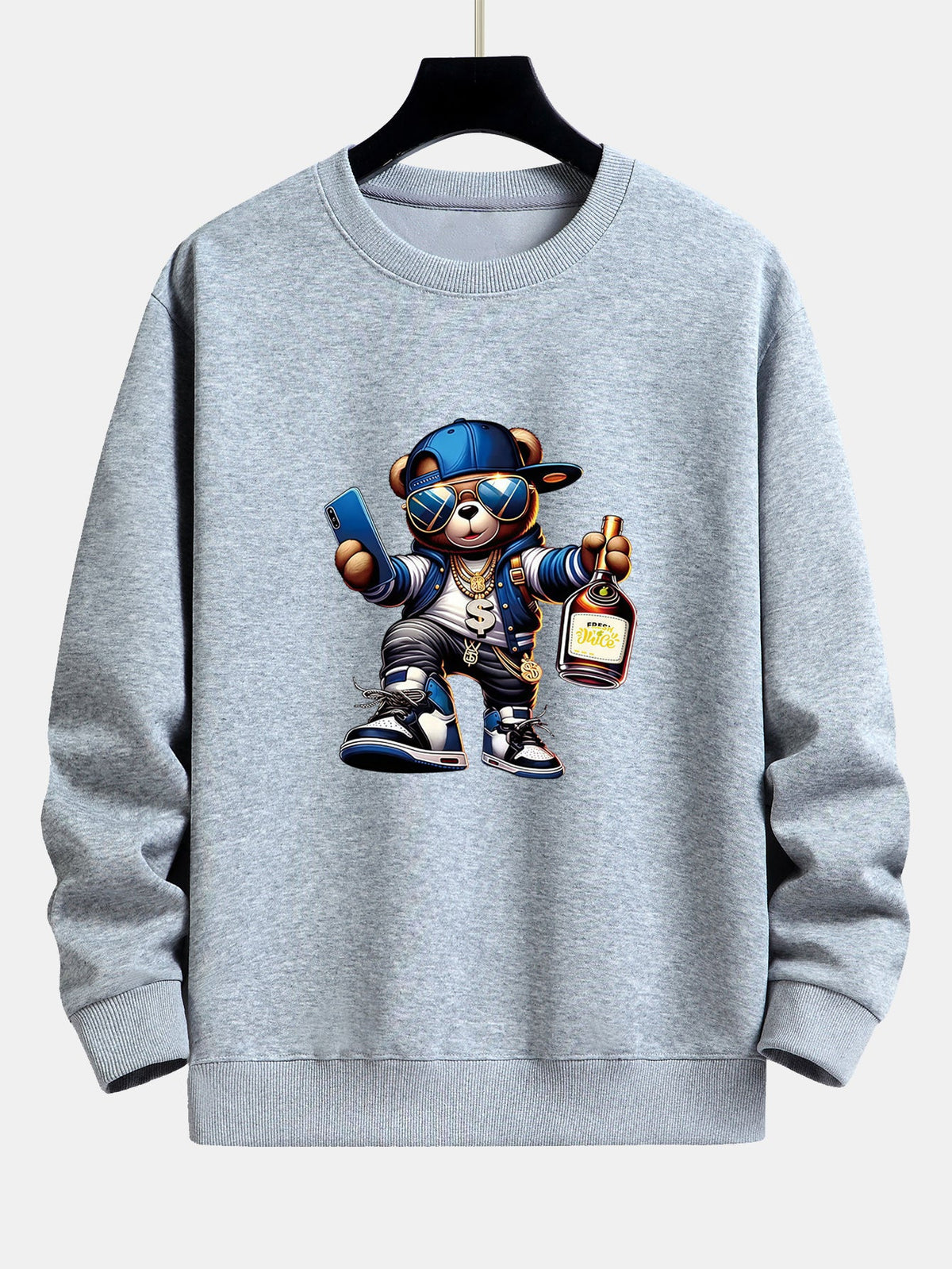 Bluză bărbătească hip-hop cu grafică de ursuleț - croială lejeră, bluză streetwear din amestec de bumbac, cu guler rotund, pentru ținutele de zi cu zi