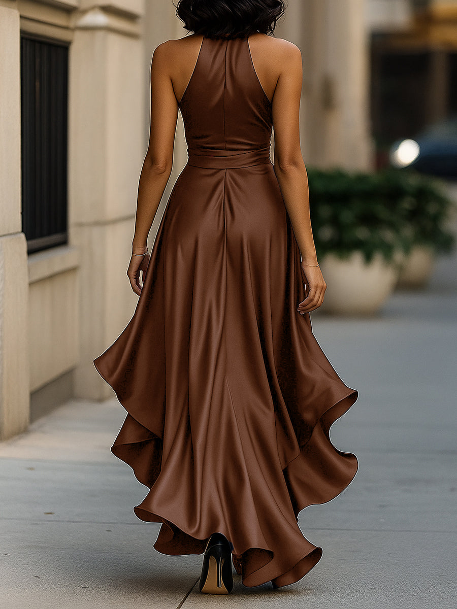 Women’s Satin Halter Evening Dress – Ruched High-Low Maxi Gown with Draped Waist for Weddings Galas and Formal Events