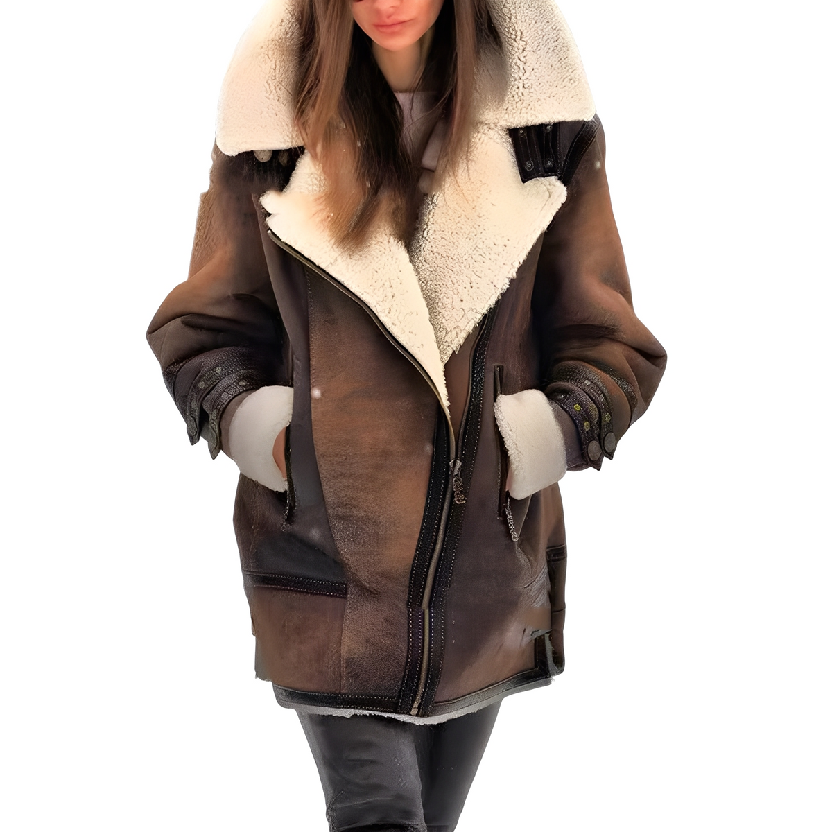 Women's Oversized Faux Shearling Aviator Winter Jacket with Plush Fur Lining and Wide Lapel Collar – Warm Leather Look Zip-Up Biker Outerwear with Relaxed Fit for Autumn and Winter Casual City Wear