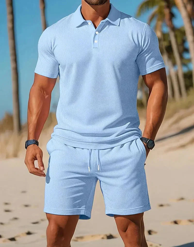 Herre strikket poloshirt og shorts afslappet sæt