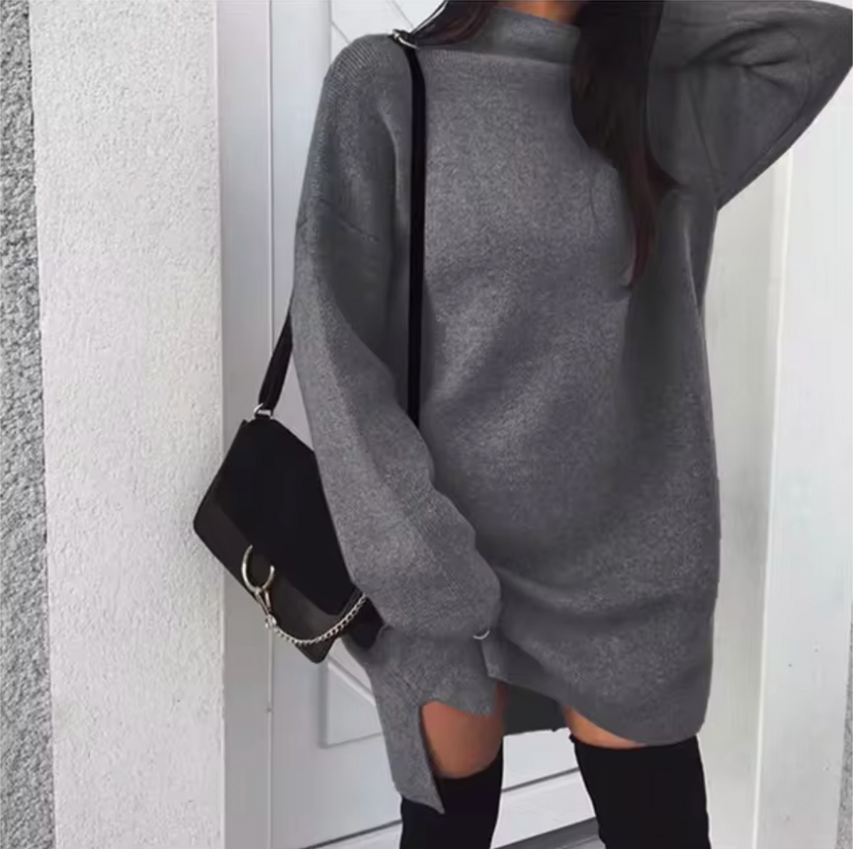 Robe-pull en laine et cachemire pour femme, avec col montant et fentes latérales – Style mini ample en maille pour une tenue douillette en automne et en hiver