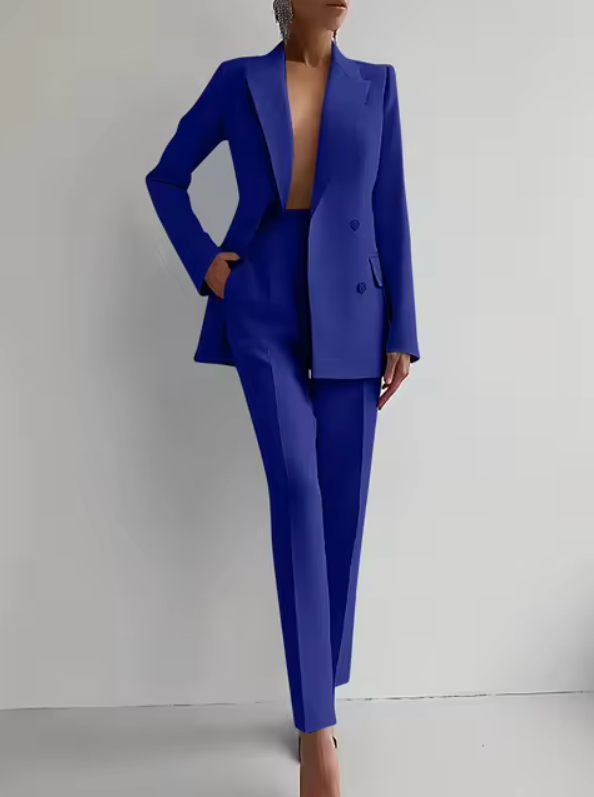 Fato feminino de duas peças com blazer e calças de corte elegante – Conjunto de negócios cintado, de abotoadura dupla, com calças de cintura subida para reuniões de trabalho e eventos formais
