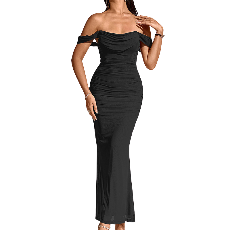 Robe longue froncée épaules dénudées pour femme - coupe ajustée et style de soirée pour les fêtes, les événements formels et les rendez-vous galants