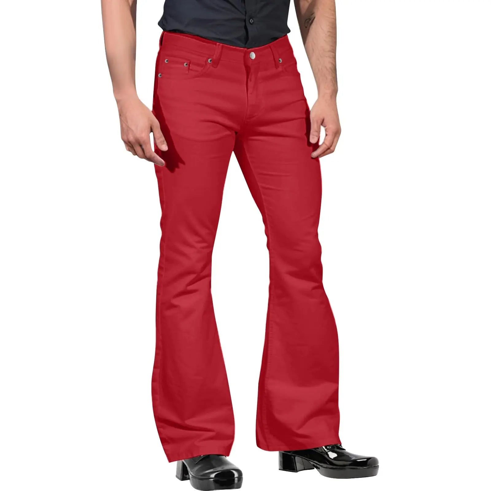 Pantalones retro para hombre de pierna acampanada color caqui, corte entallado