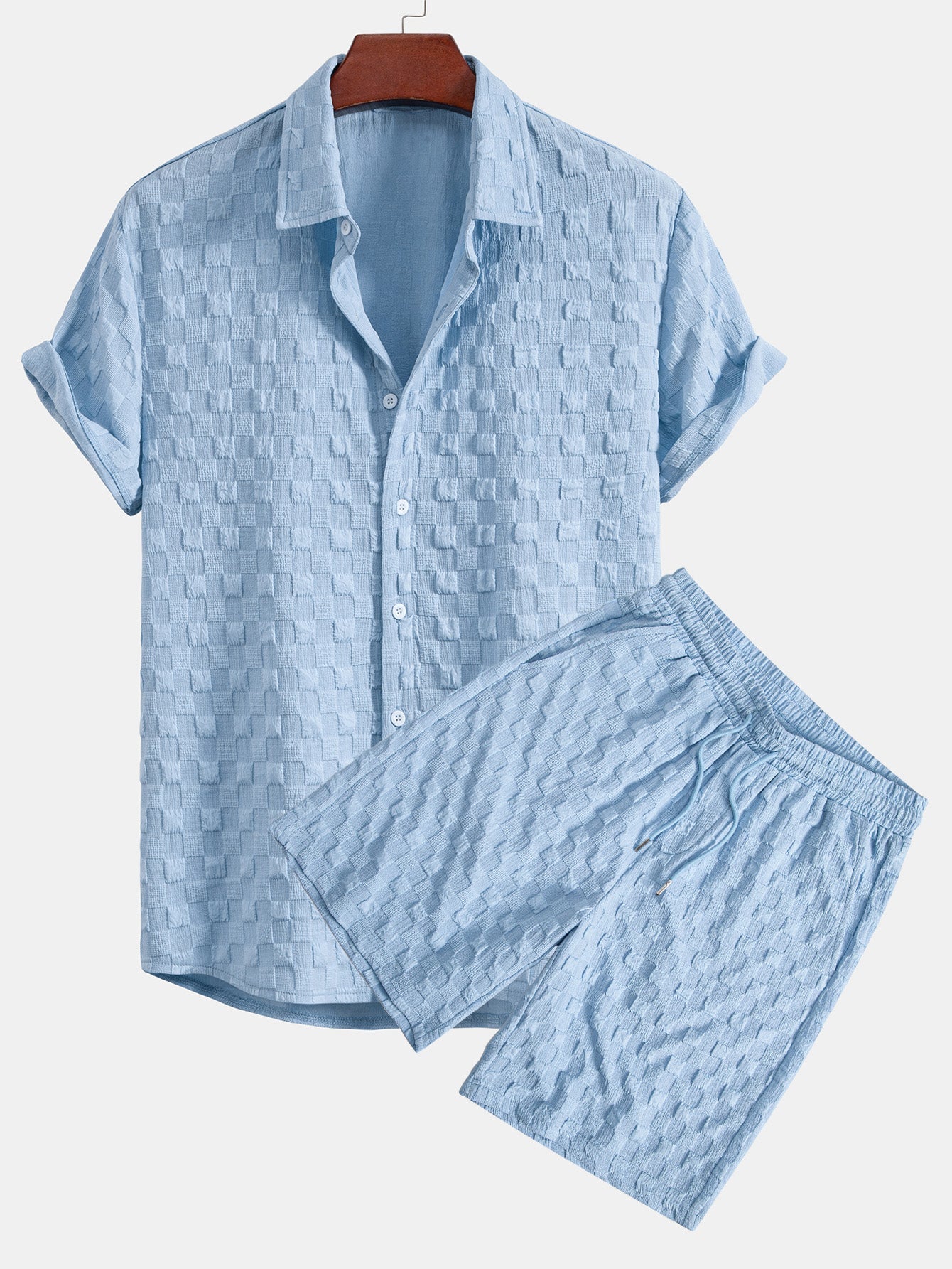 Tekstureret skjorte- og shorts-sæt til mænd til sommerrejser og weekendbrug