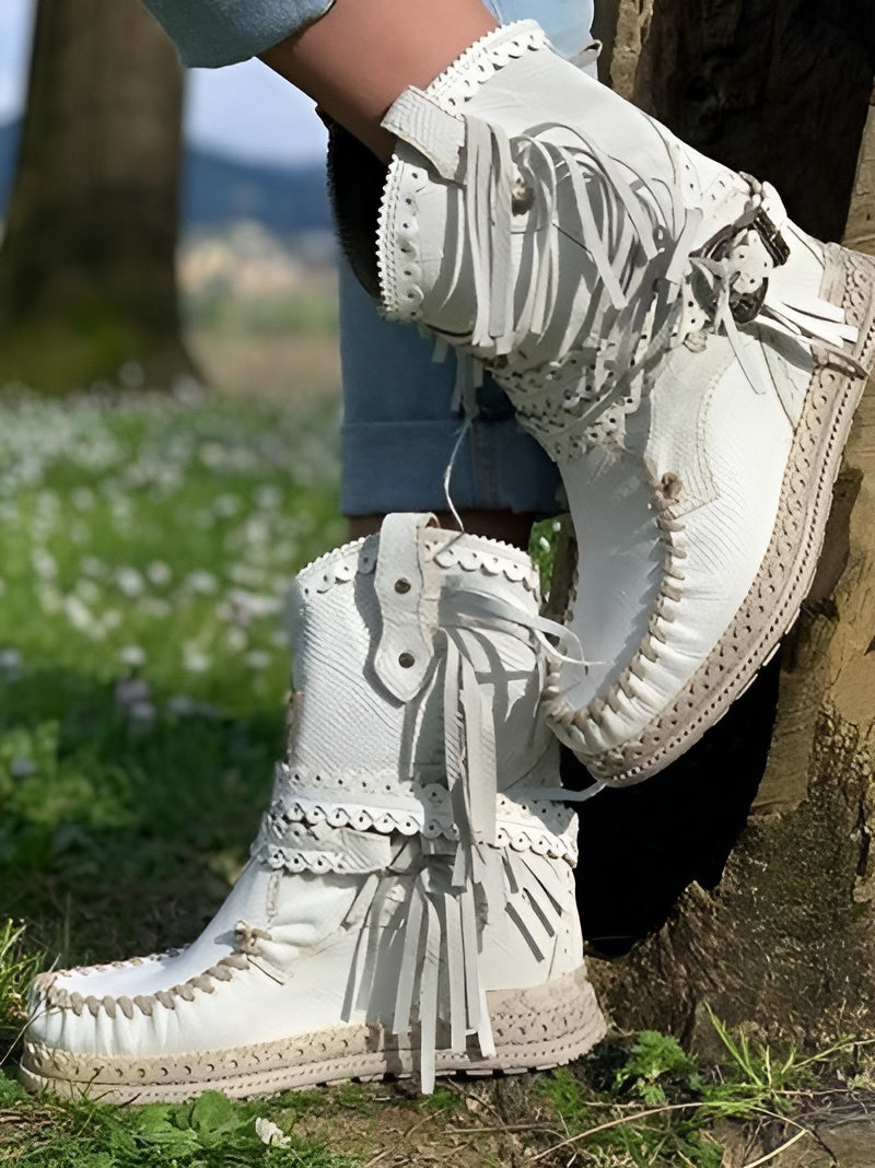 Stivaletti boho da donna alla caviglia – stile western con frange per un look casual