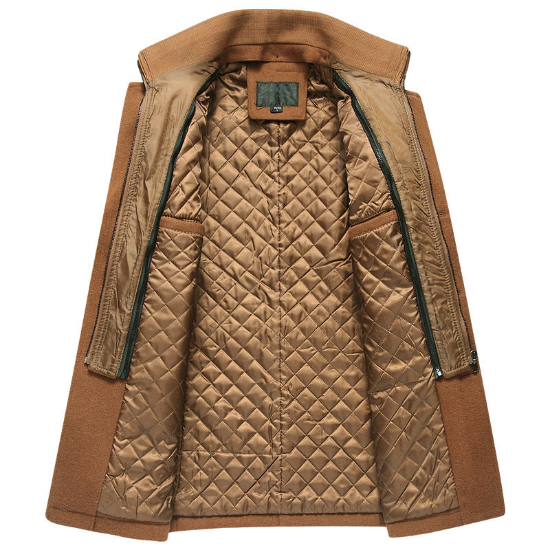 Men’s Wool Winter Coat – Stand-Collar Button-Front Overcoat with Zip Closure and Utility Pockets for Cold-Weather Wear