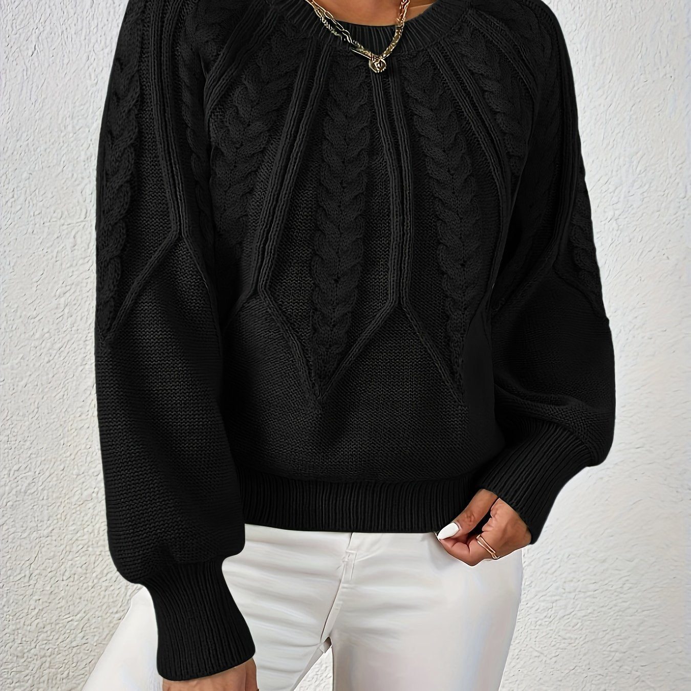 Women’s Voluminous Sleeve Sweater with Cable Knit Texture