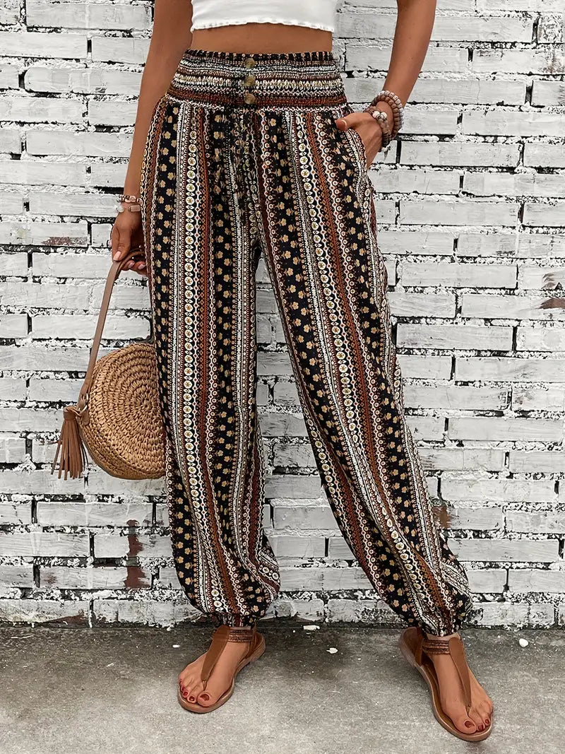 Women’s Boho Print Wide Leg Trousers Elastic Waist Lightweight Summer Pants
