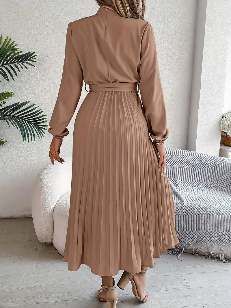 Women’s Pleated Midi Dress with High Neck Tie Waist