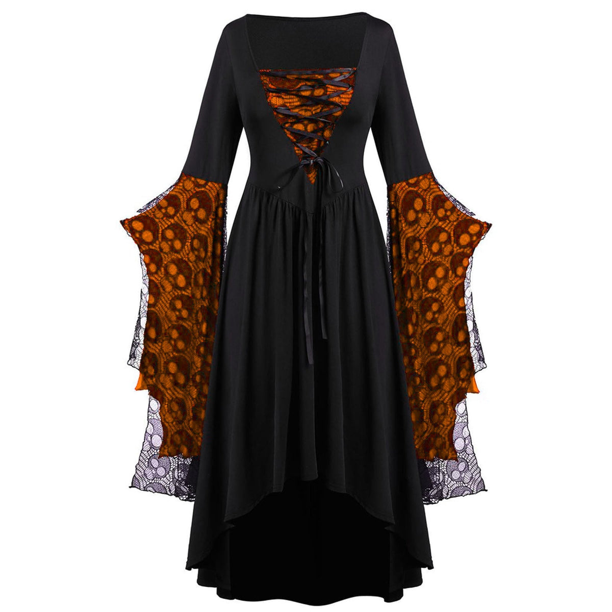 Maxi-jurk met kanten mouwen en verschillende zoomlengtes voor dames - avondjurk met vierkante hals en veterdetail voor themafeesten en speciale gelegenheden
