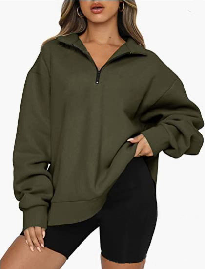 Γυναικείο oversized φούτερ με γιακά και μισό φερμουάρ – Άνετη μακρυμάνικη μπλούζα για καθημερινό layering