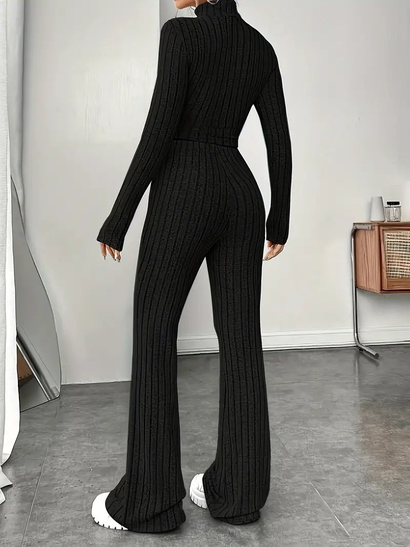 Women’s Black Ribbed Knit Co-Ord Set – High-Neck Top and Flared Trousers