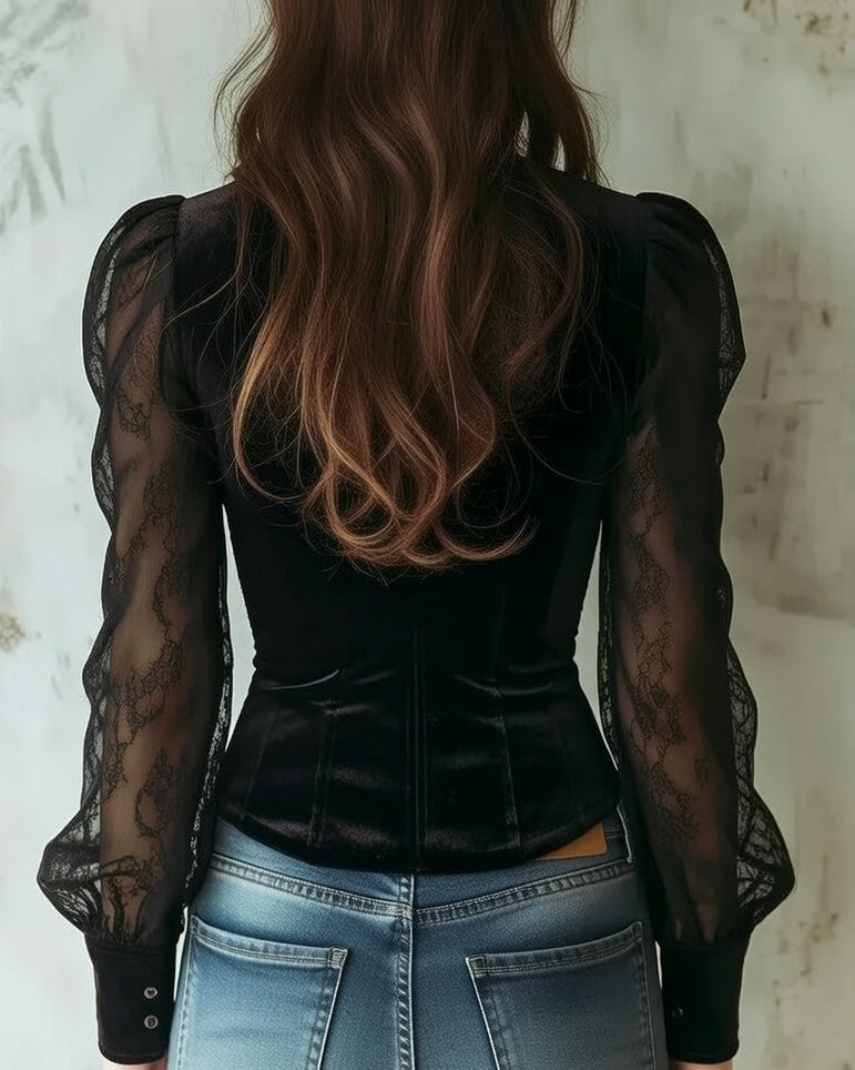 Women’s Fitted Lace-Sleeve Blouse – Button-Front Romantic Top for Work Evening and Everyday Wear