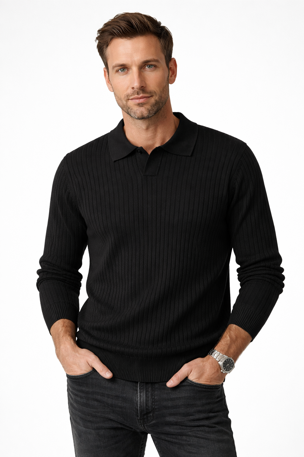 Men’s Ribbed Knit Polo Sweater V Neck Slim Fit