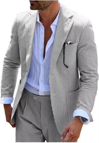 Men’s Seersucker Suit Set – Lightweight Slim Tailoring for Summer Weddings and Formal Events