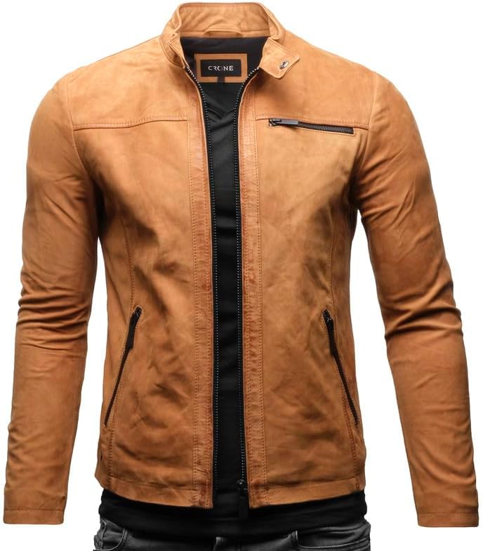 Men’s Vintage Leather Stand-Collar Jacket – Slim-Fit Zip-Up Short Layer with Zipped Pockets for Autumn Travel Weekend Smart Casual City Wear and Everyday Styling