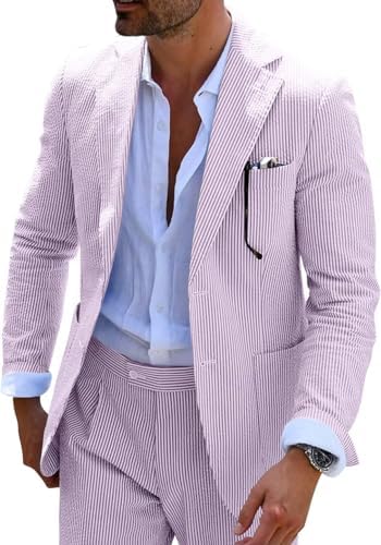 Men’s Seersucker Suit Set – Lightweight Slim Tailoring for Summer Weddings and Formal Events