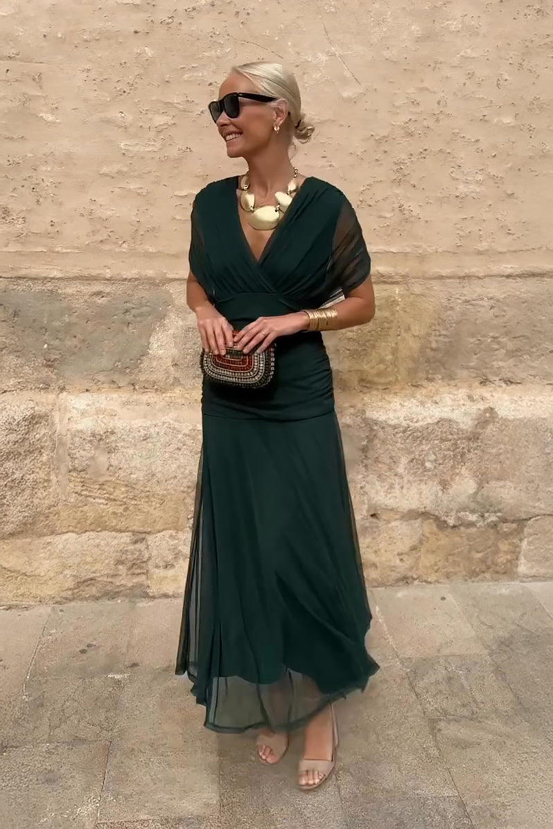 Abito lungo da donna in chiffon con scollo a V drappeggiato per occasioni speciali