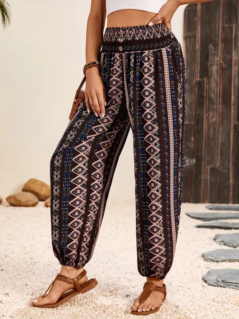 Pantalones anchos de pierna con estampado bohemio para mujer, cintura elástica, pantalones ligeros de verano
