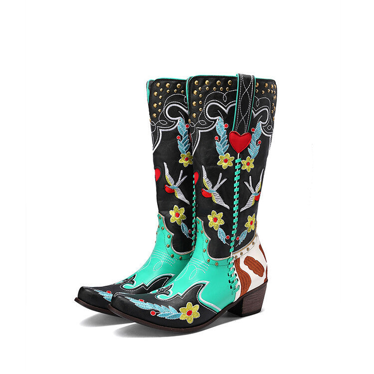 Women’s Embroidered Western Cowboy Boots – Pointed-Toe Knee-High Boots with Floral Heart and Stud Details