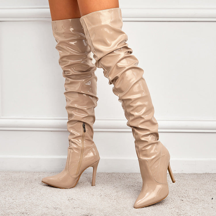 Bottes slouchy pour femme à talons aiguilles et hauteur genou – Modèle brillant à bout pointu pour les soirées