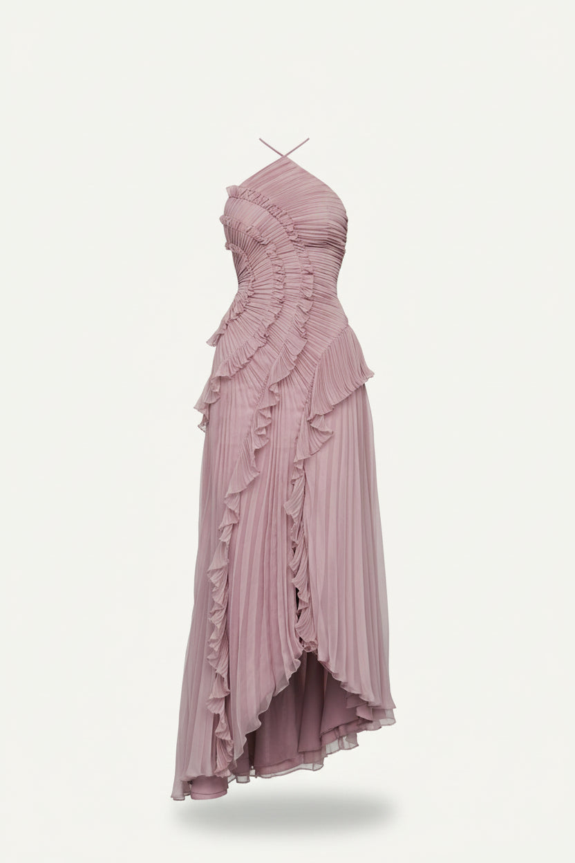 Robe midi d’été pour femme, idéale pour les grandes occasions – modèle plissé à col licou avec volants