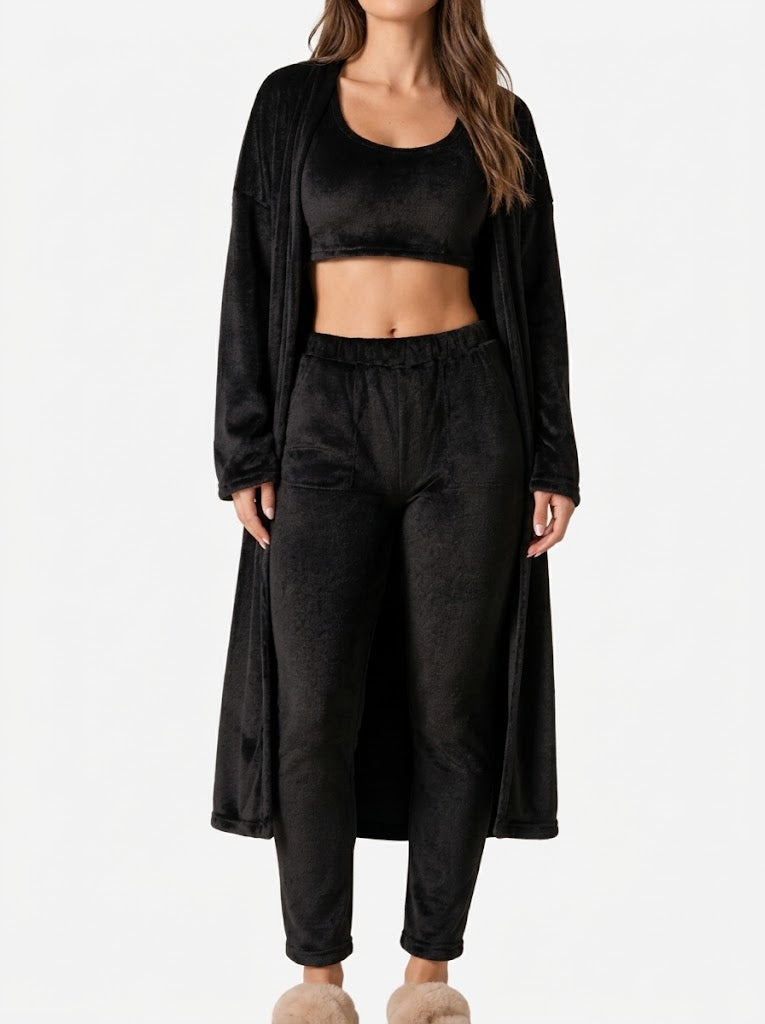 Women’s Plush Three-Piece Loungewear Set – Cropped Tank Top with Longline Cardigan and Elasticated Trousers for Home and Travel