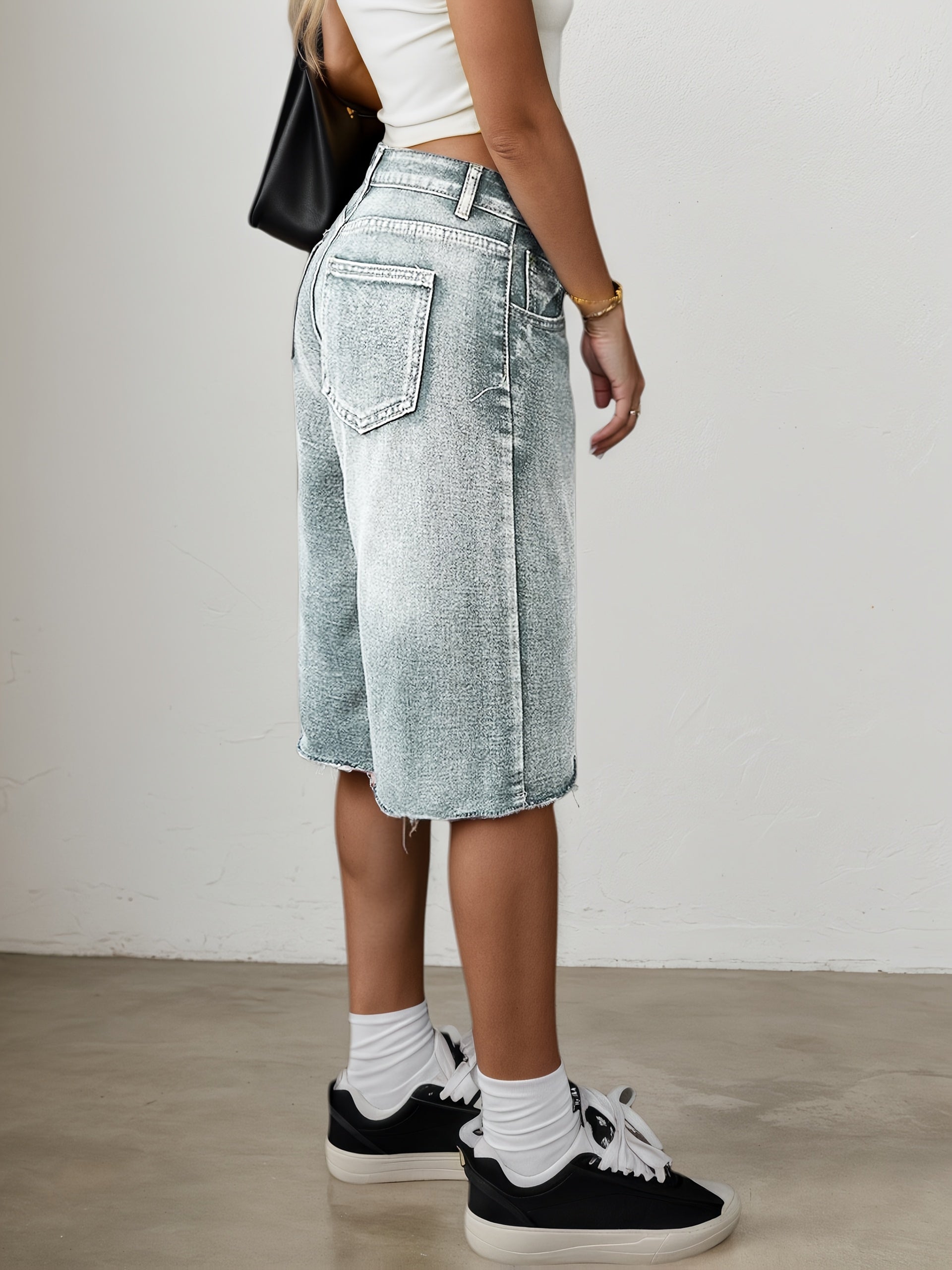 Dame Denim Jorts Løs Pasform Høj Talje Vide Ben Knælange Casual Shorts