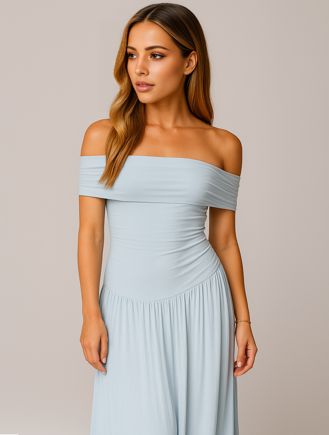 Maxi-jurk voor dames met blote schouders en plooien – elegante jurk voor bruiloftsgasten bij recepties