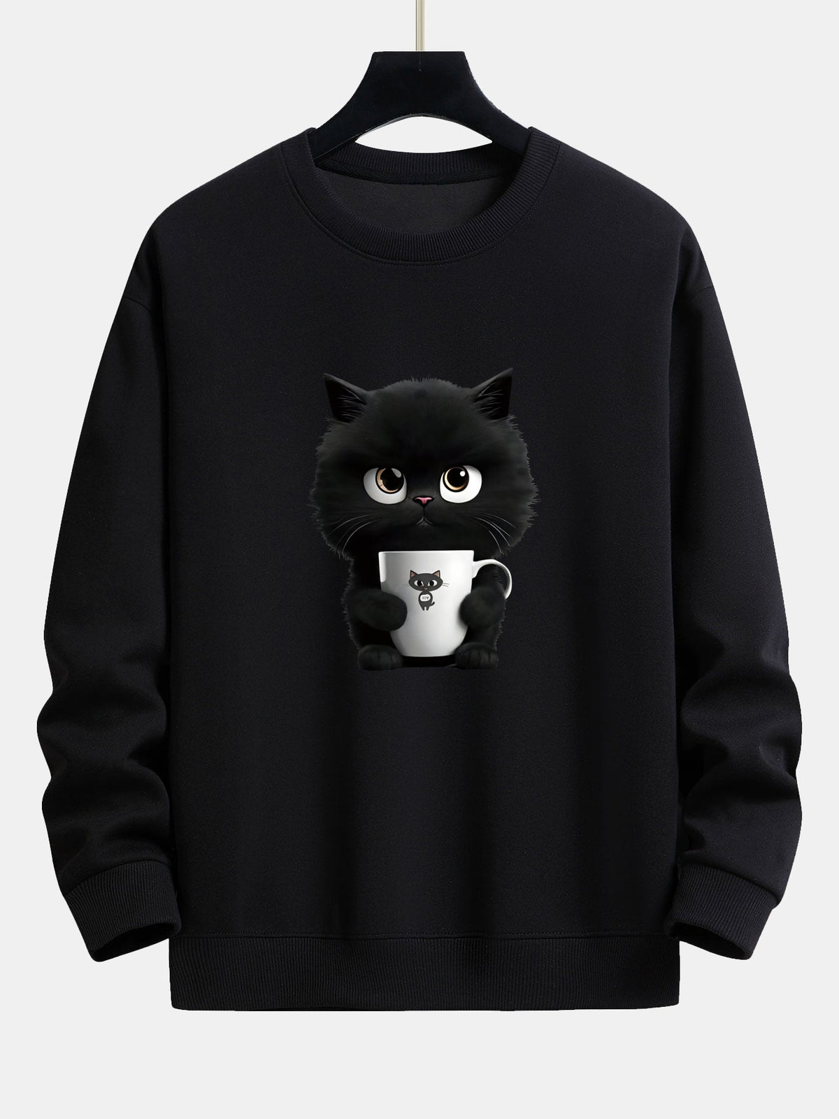 Niedliches Sweatshirt für Herren mit einer Katze, die Kaffee hält – Locker geschnittener Pullover aus Baumwollmischgewebe mit verspielter Kätzchen-Illustration und Rippbündchen
