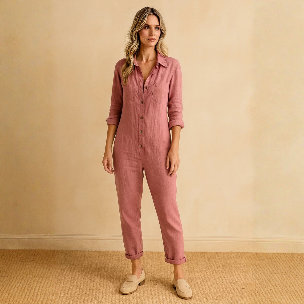 Women’s Button-Front Utility Jumpsuit – Relaxed Long-Sleeve One-Piece with Pockets for Casual Everyday and Travel Wear