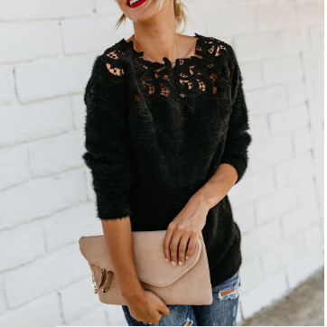 Women’s Lace Detail Knit Jumper Elegant Floral Neckline Soft Lightweight Sweater