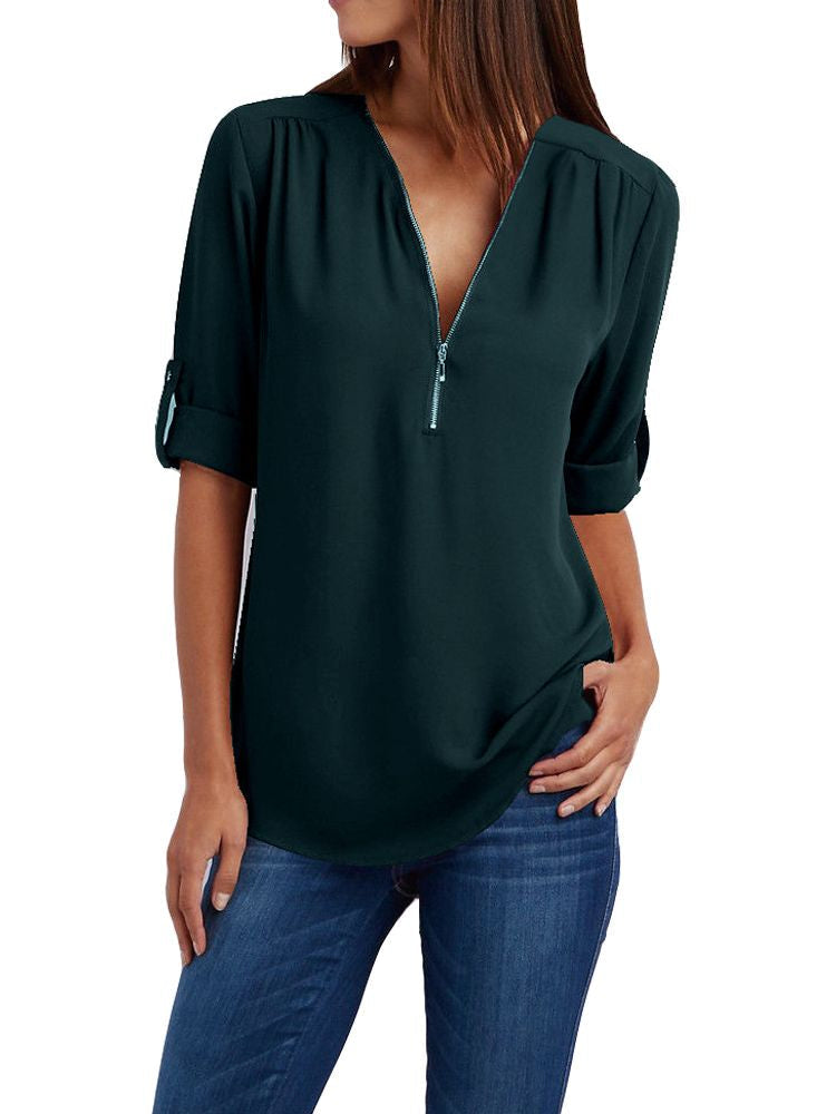 Women’s Zip-Neck Relaxed Blouse – Roll-Tab Sleeve Style for Everyday Wear