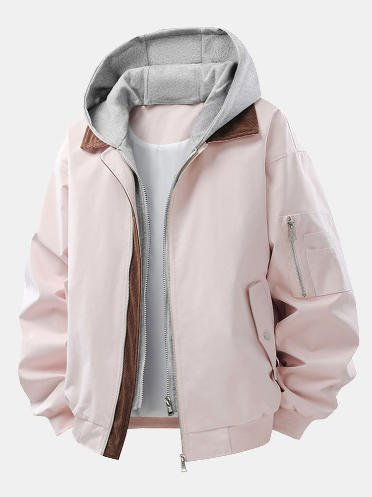 Chaqueta bomber para hombre de corte holgado con capucha desmontable: prenda informal con cuello de pana en contraste y cremallera para primavera y otoño
