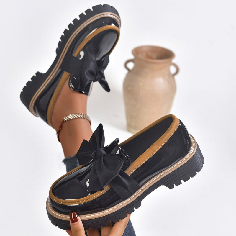 Women’s Patent Look Platform Loafers Bow Detail Slip-On Shoes
