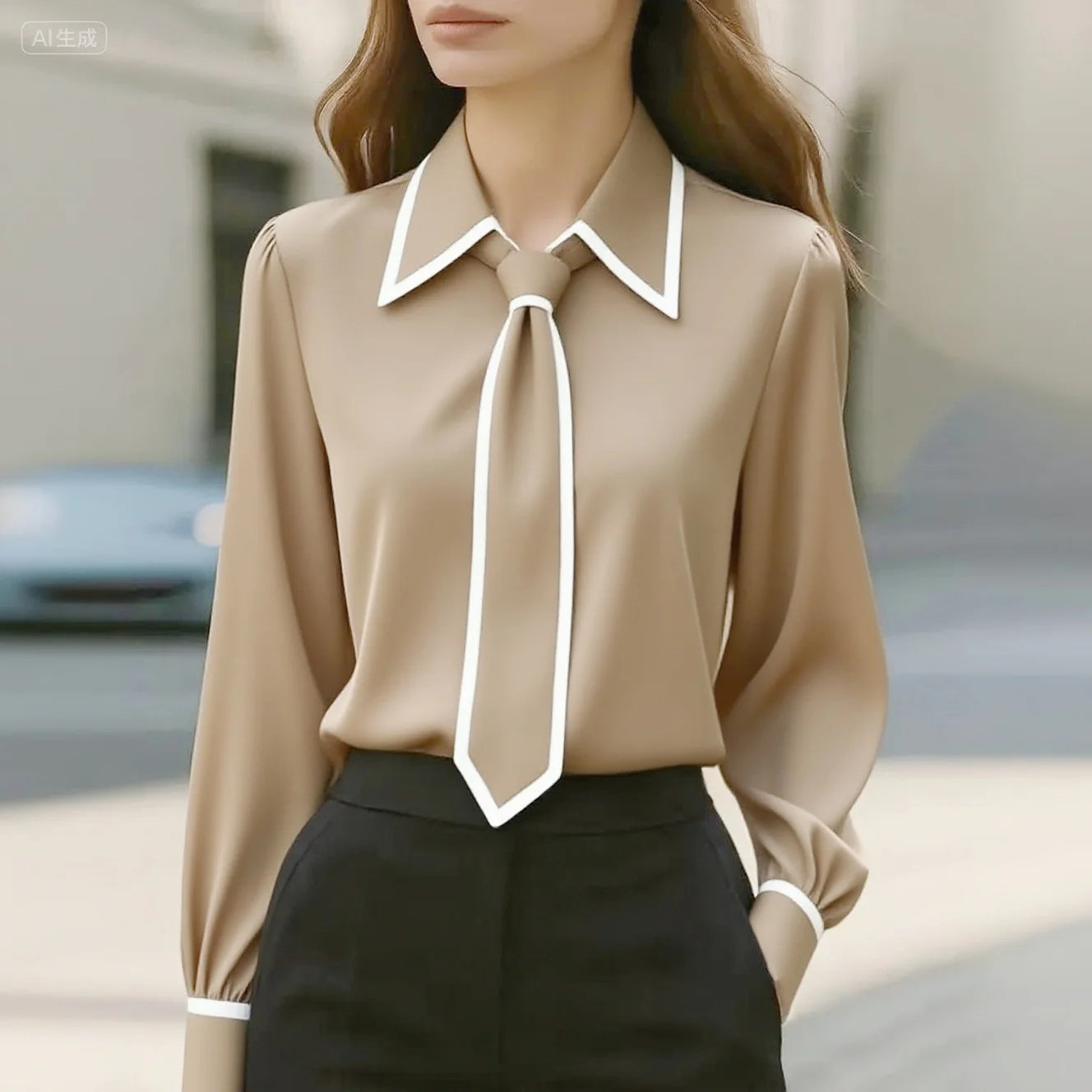 Women’s Contrast Trim Tie Neck Long Sleeve Blouse