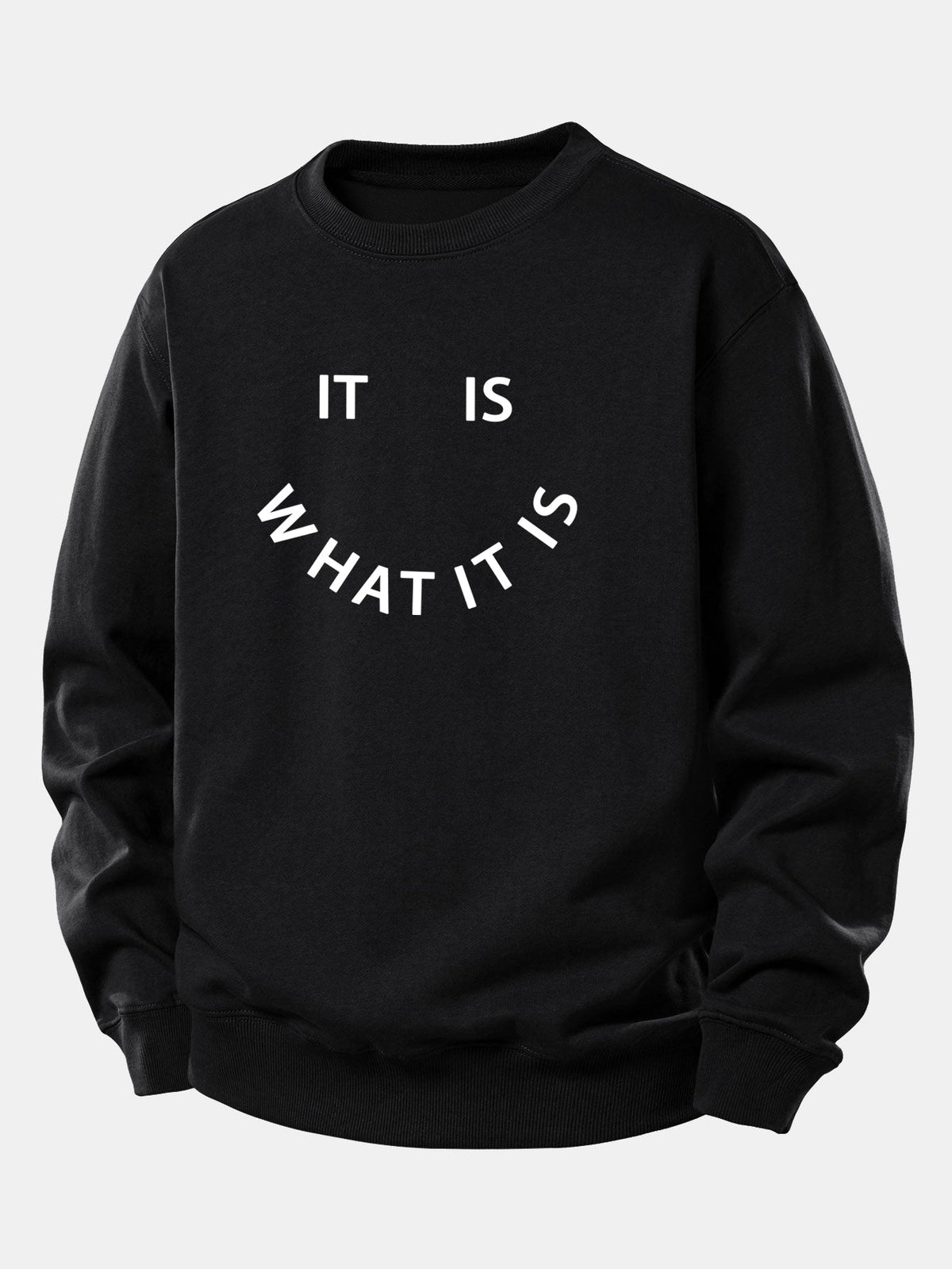 Camisola de homem com o slogan «É o que é» estampado - corte descontraído, em mistura de algodão, com gola redonda, estilo casual urbano, para usar no dia a dia