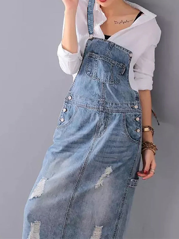 Vestido Maxi Pinafore de Ganga Desgastada para Mulher com Bolsos