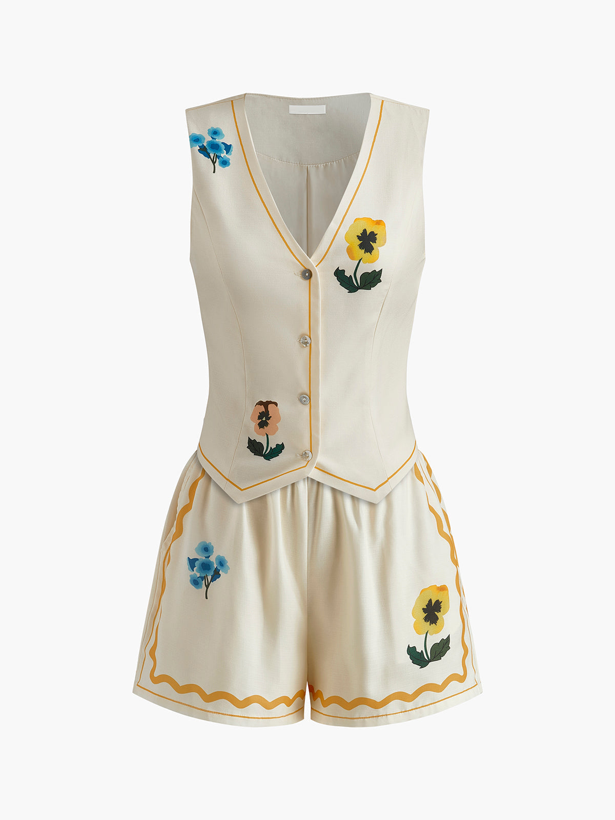 Bedrukte tweedelige zomerset voor dames met shorts - mouwloos vest met V-hals, knoopsluiting aan de voorkant en tailleband en op maat gemaakte shorts met hoge taille voor een elegante vakantielook