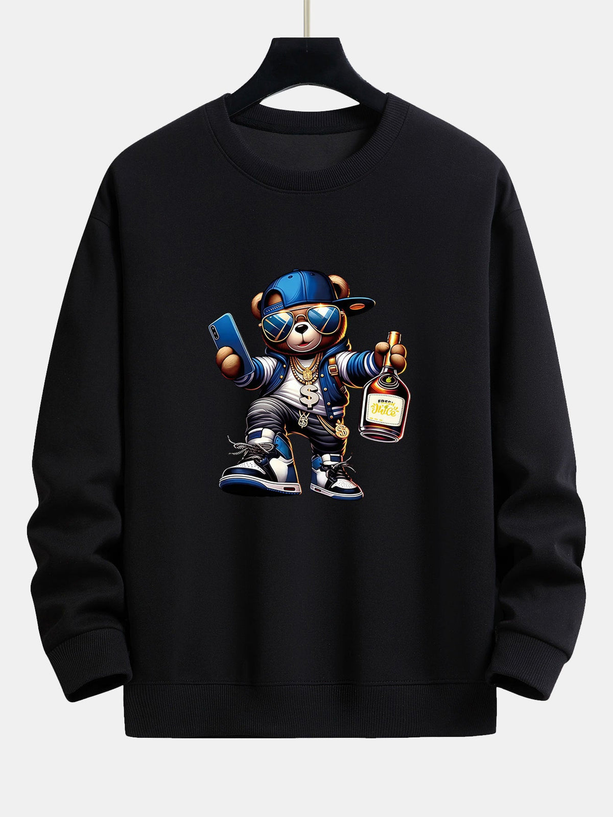 Bluză bărbătească hip-hop cu grafică de ursuleț - croială lejeră, bluză streetwear din amestec de bumbac, cu guler rotund, pentru ținutele de zi cu zi
