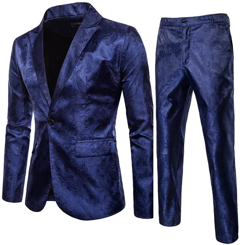 Men’s Jacquard Suit Set Slim Fit Formal Blazer Trousers