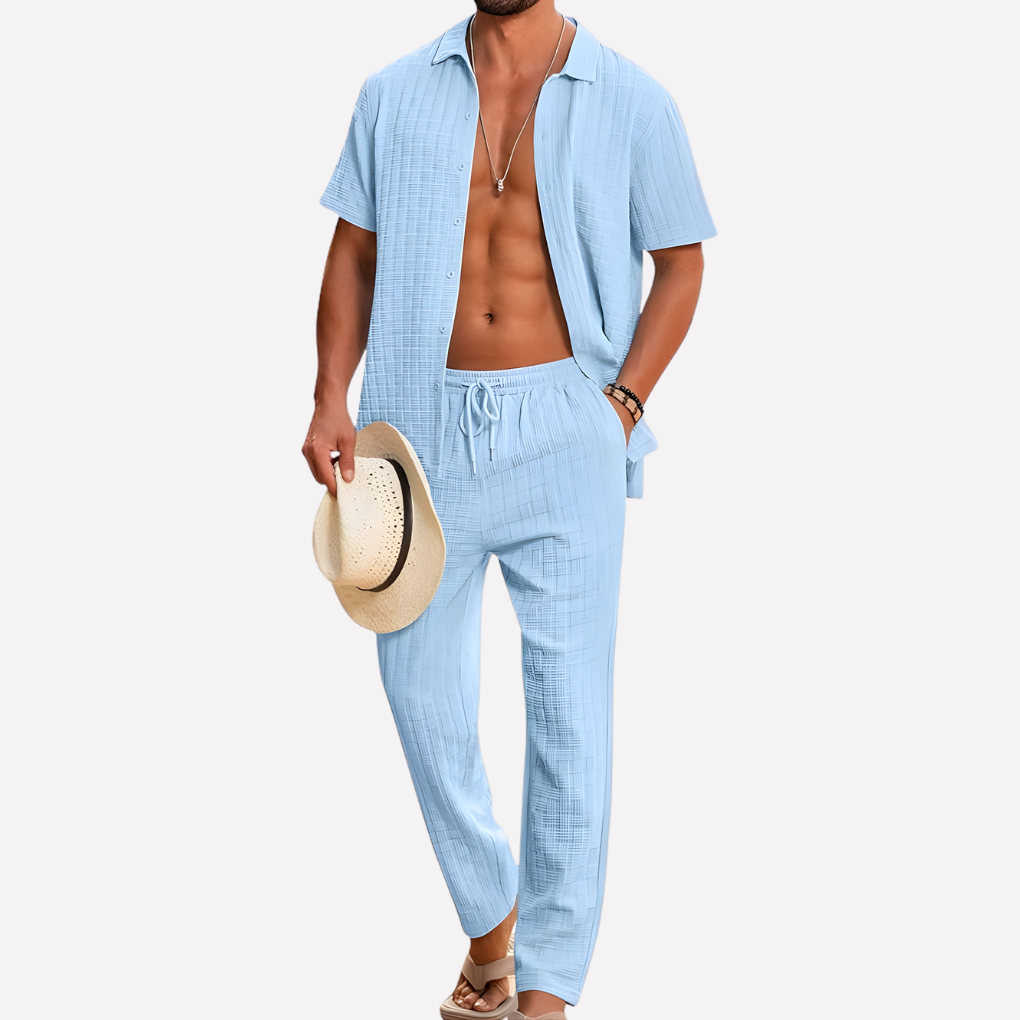 Set de vară pentru bărbați, cămașă texturată și pantaloni lejeri