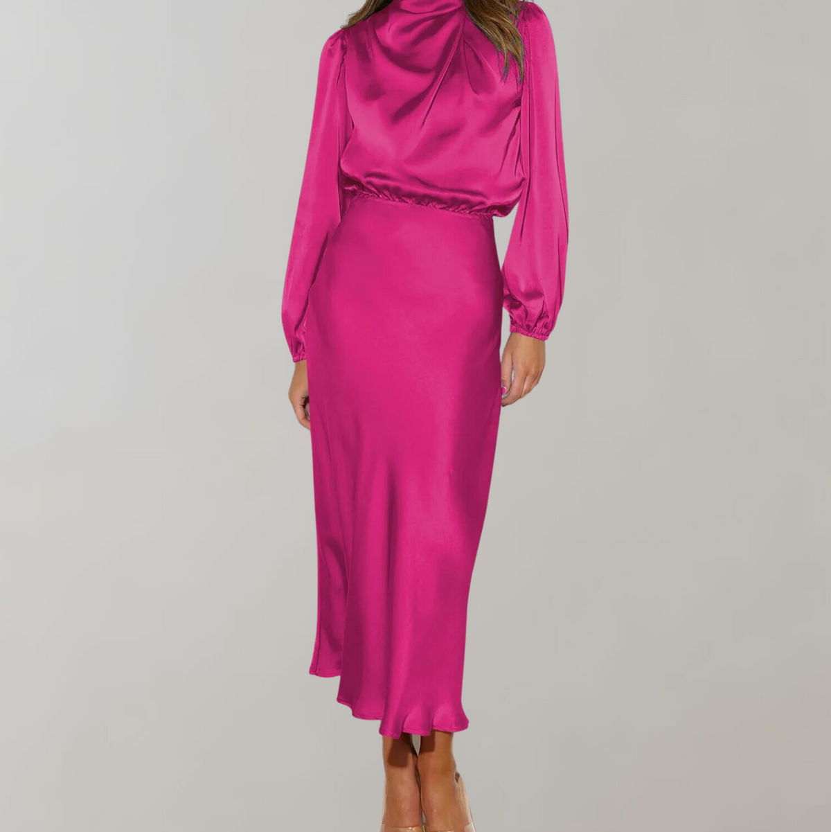 Women’s Satin High Neck Midi Dress Long Sleeve