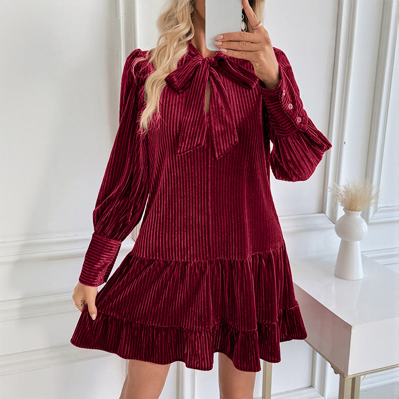 Women’s Velvet Mini Dress Bow Tie Pleated Long Sleeves