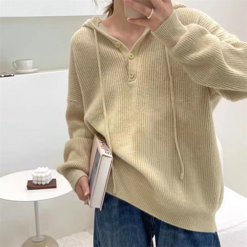 Jersey de punto acanalado con capucha para mujer – Jersey holgado con cuello de botones para llevar a capas cómodamente a diario